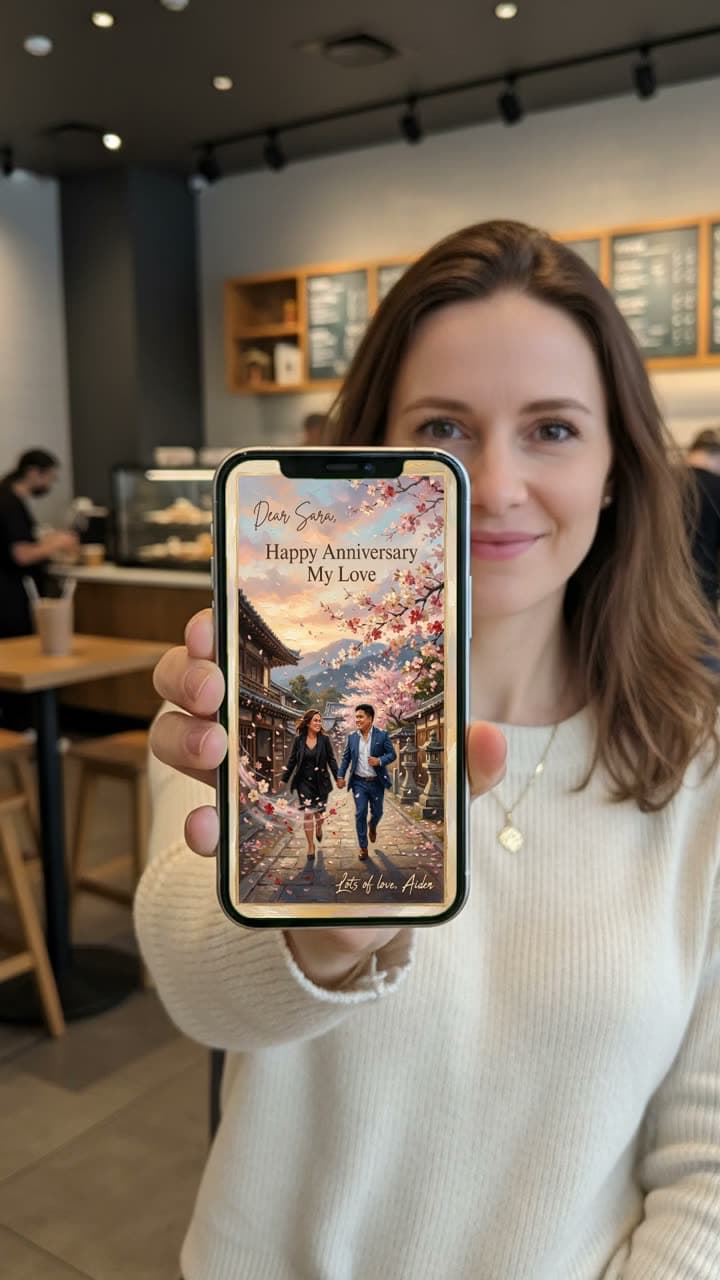Grandma showing a personalised birthday card on her phone