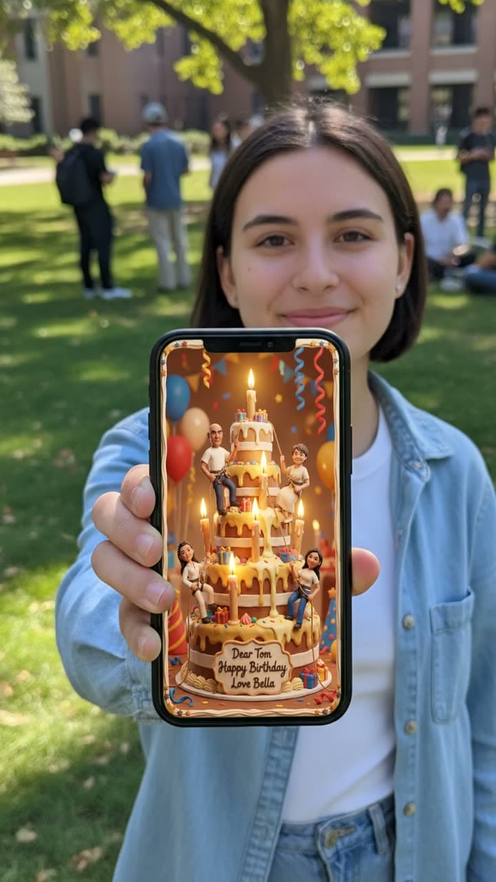 Student in a park showing a personalised birthday card on her phone