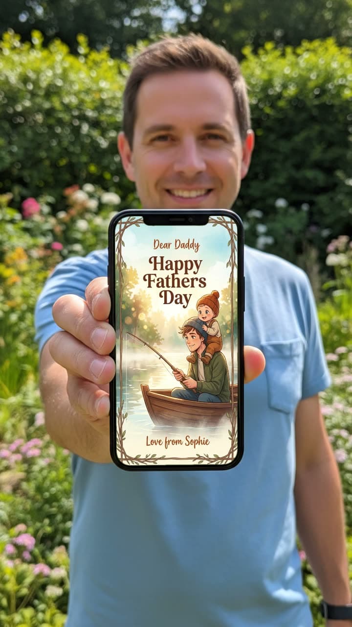Teenager showing a colourful personalised birthday card on a phone