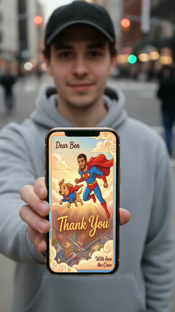 Man showing a superhero thank you card made from a photo