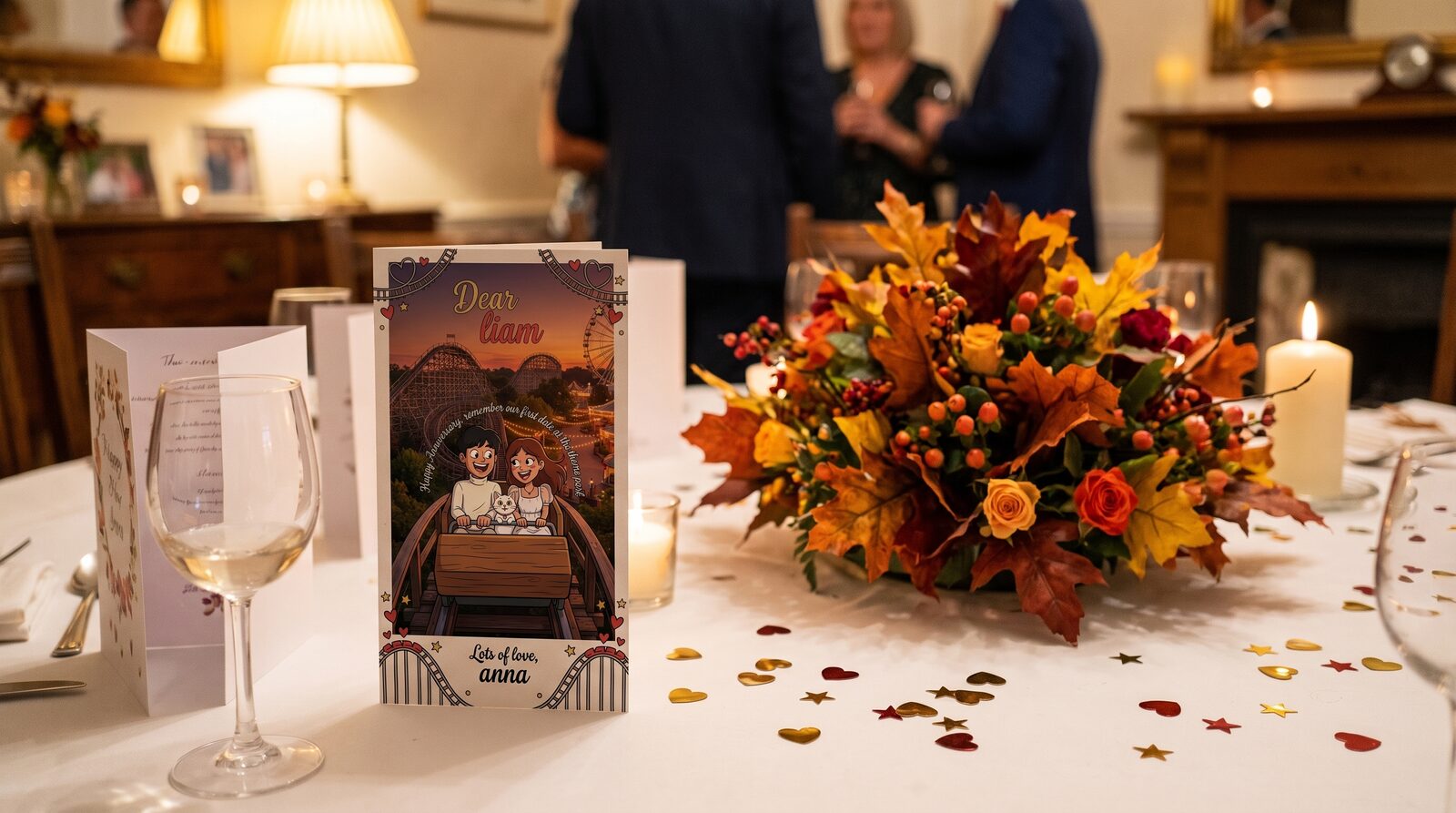 A wedding card and confetti on a table beside autumn leaves