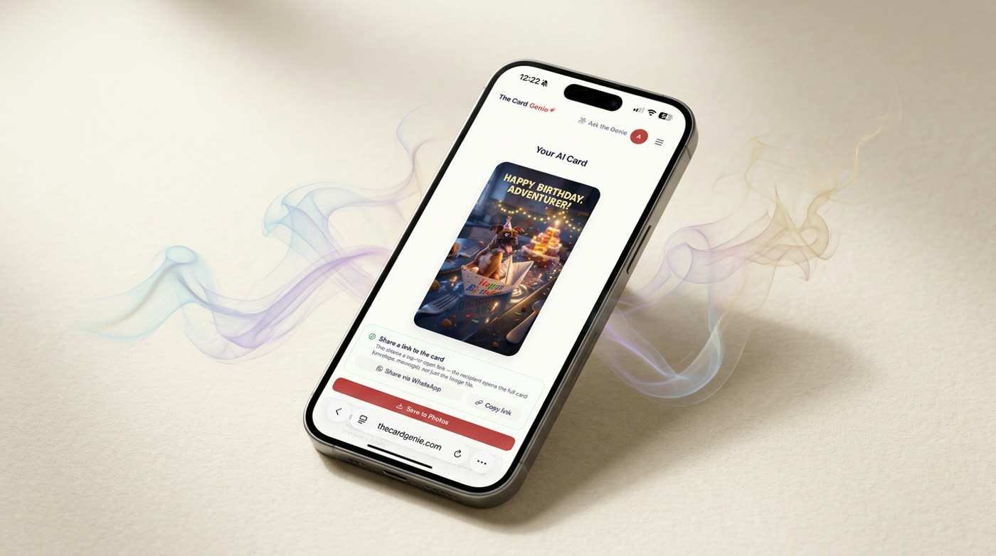 A phone showing a personalised animated birthday card arriving in a WhatsApp chat