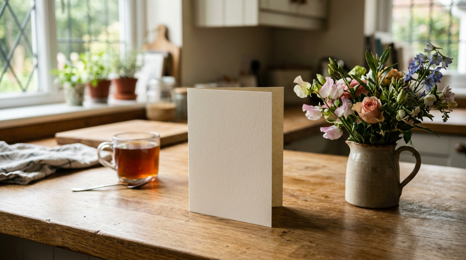 A single card propped on a kitchen worktop with no gift beside it