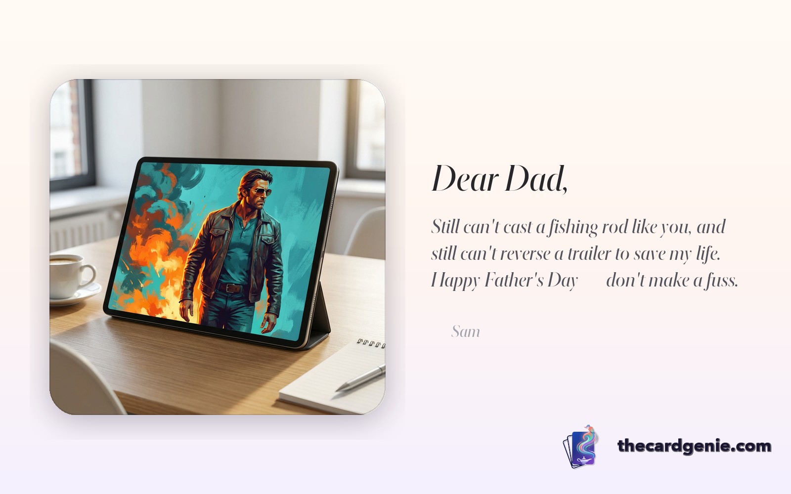 An AI-generated Father's Day card showing a dad reimagined as a classic action-movie hero