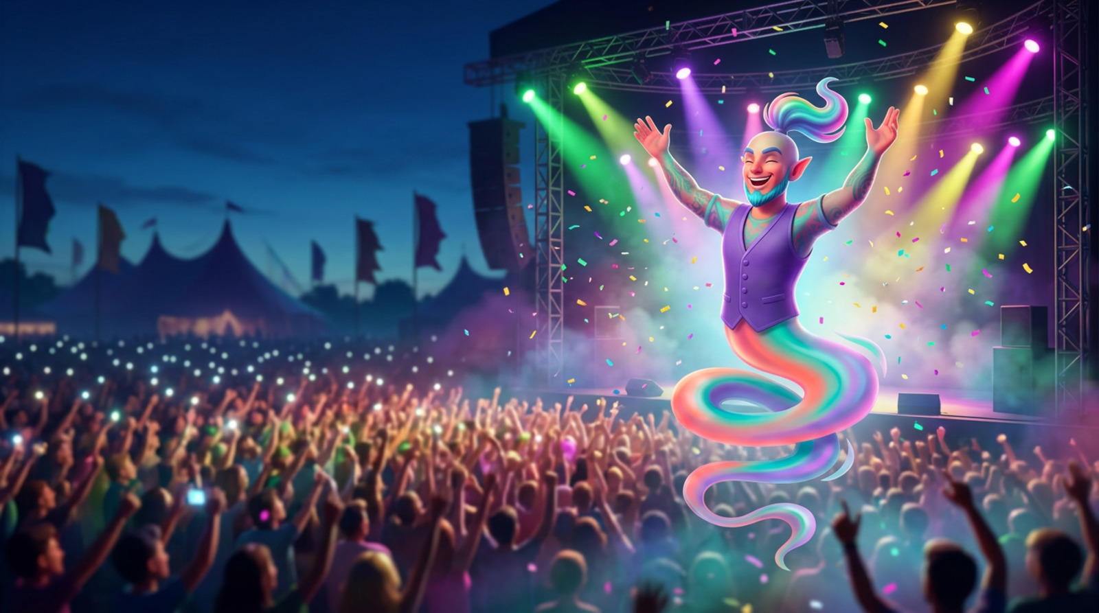 A genie on a festival main stage at dusk, arms raised over a crowd of phone lights