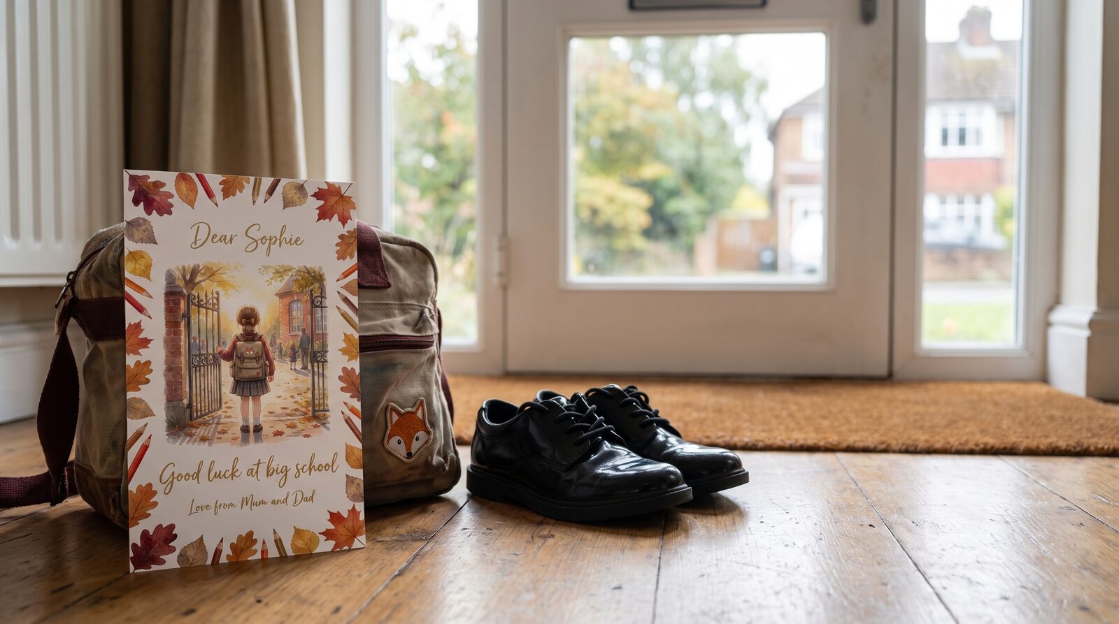 A school bag and a card on a hallway floor beside oversized shoes