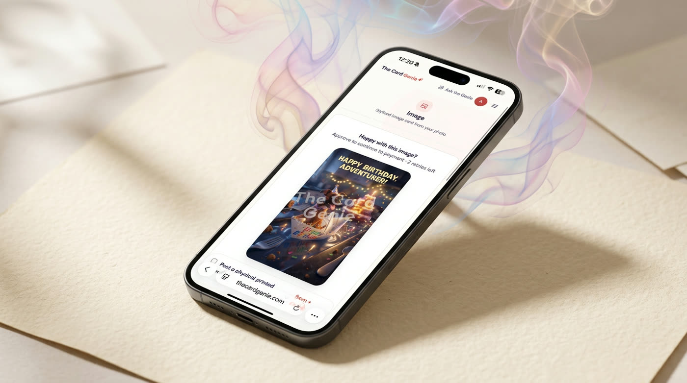 A phone comparing a generic template birthday card with a personalised one built from a photo