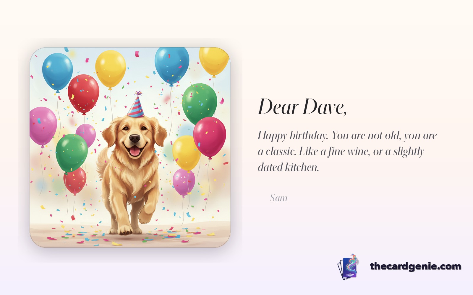 A playful personalised birthday card on a bright desk with confetti and a pen