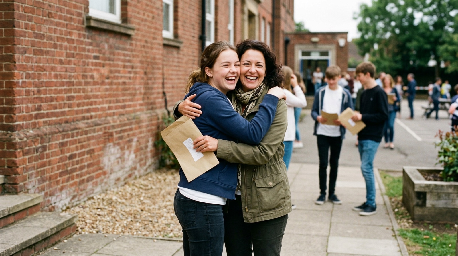 A teenager and their mum outside a school on GCSE results day