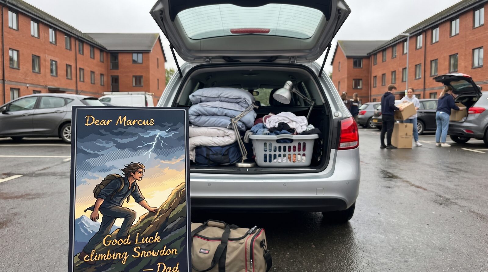 A packed car boot outside a student halls of residence