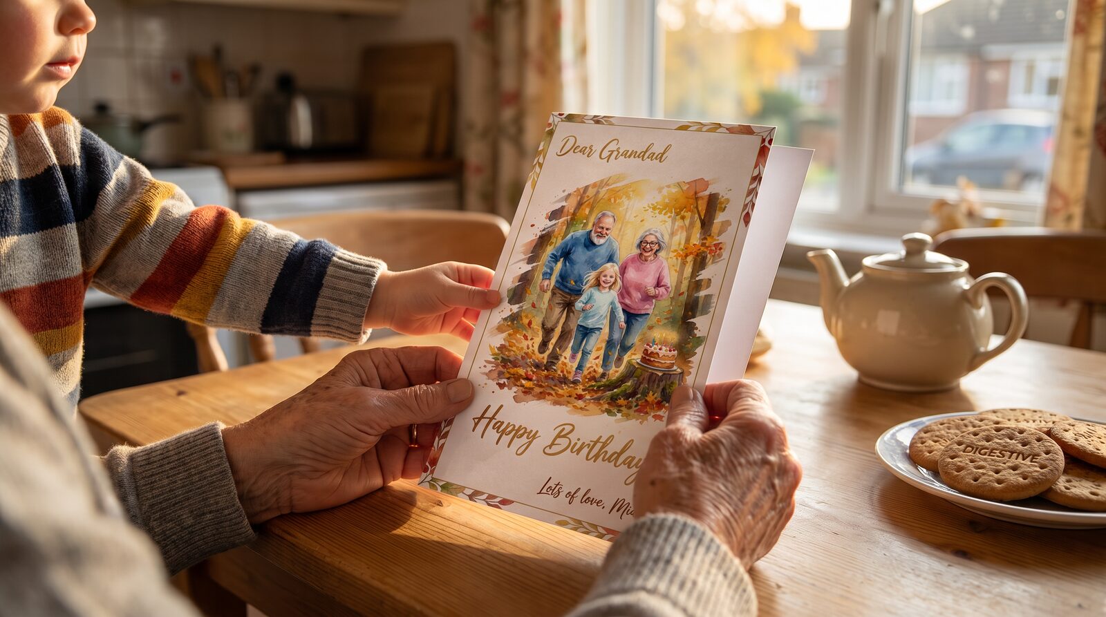 A grandmother and a small child looking at a card together