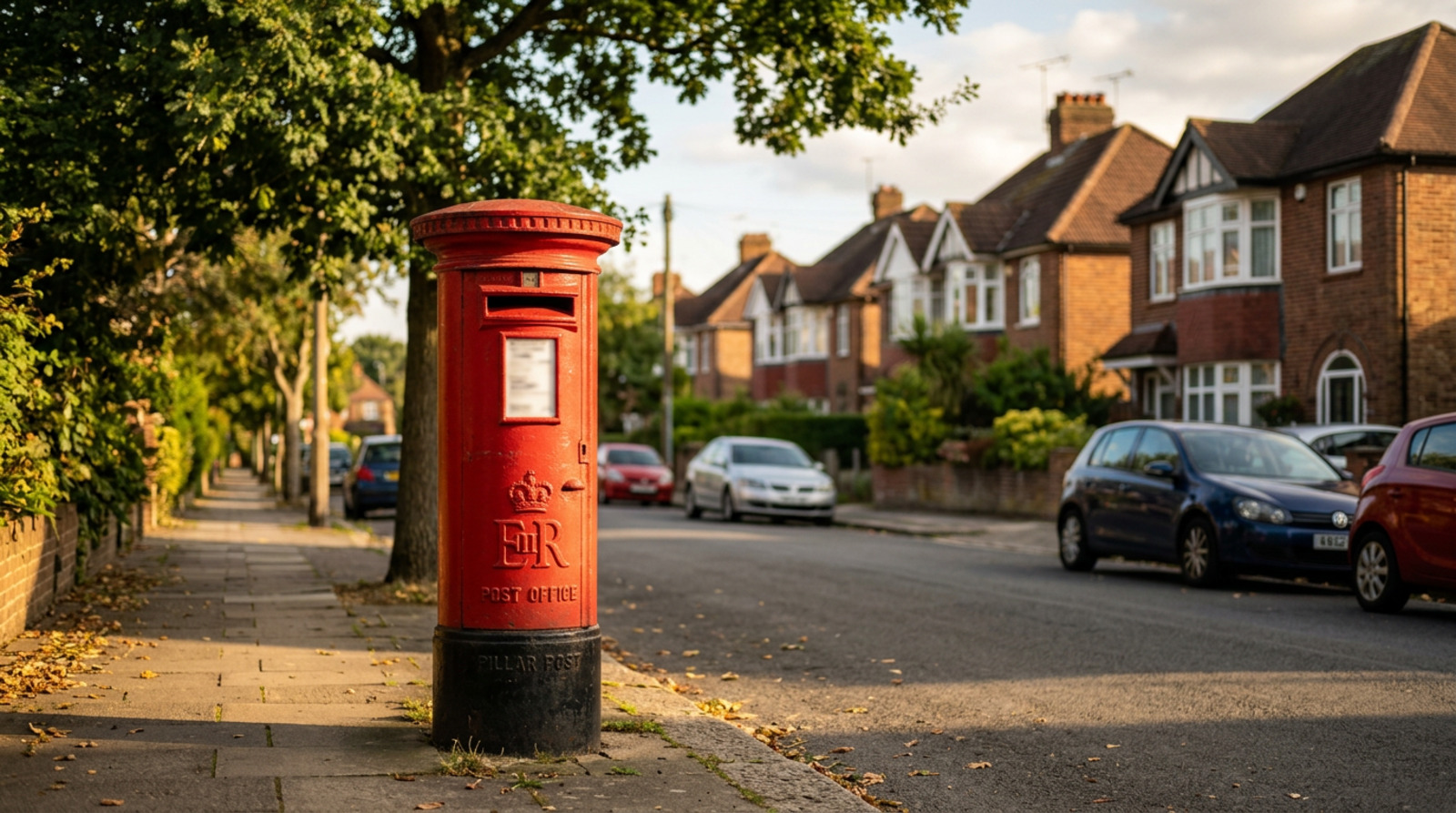 A red British pillar postbox on a quiet suburban street in late afternoon sun