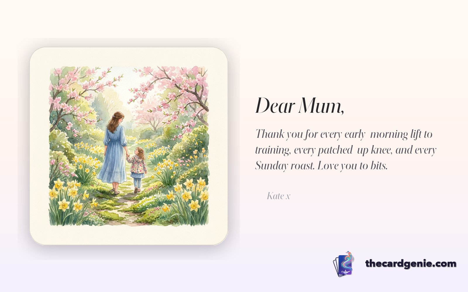 A warm AI-generated Mother's Day card showing a mother and daughter in a sunlit garden