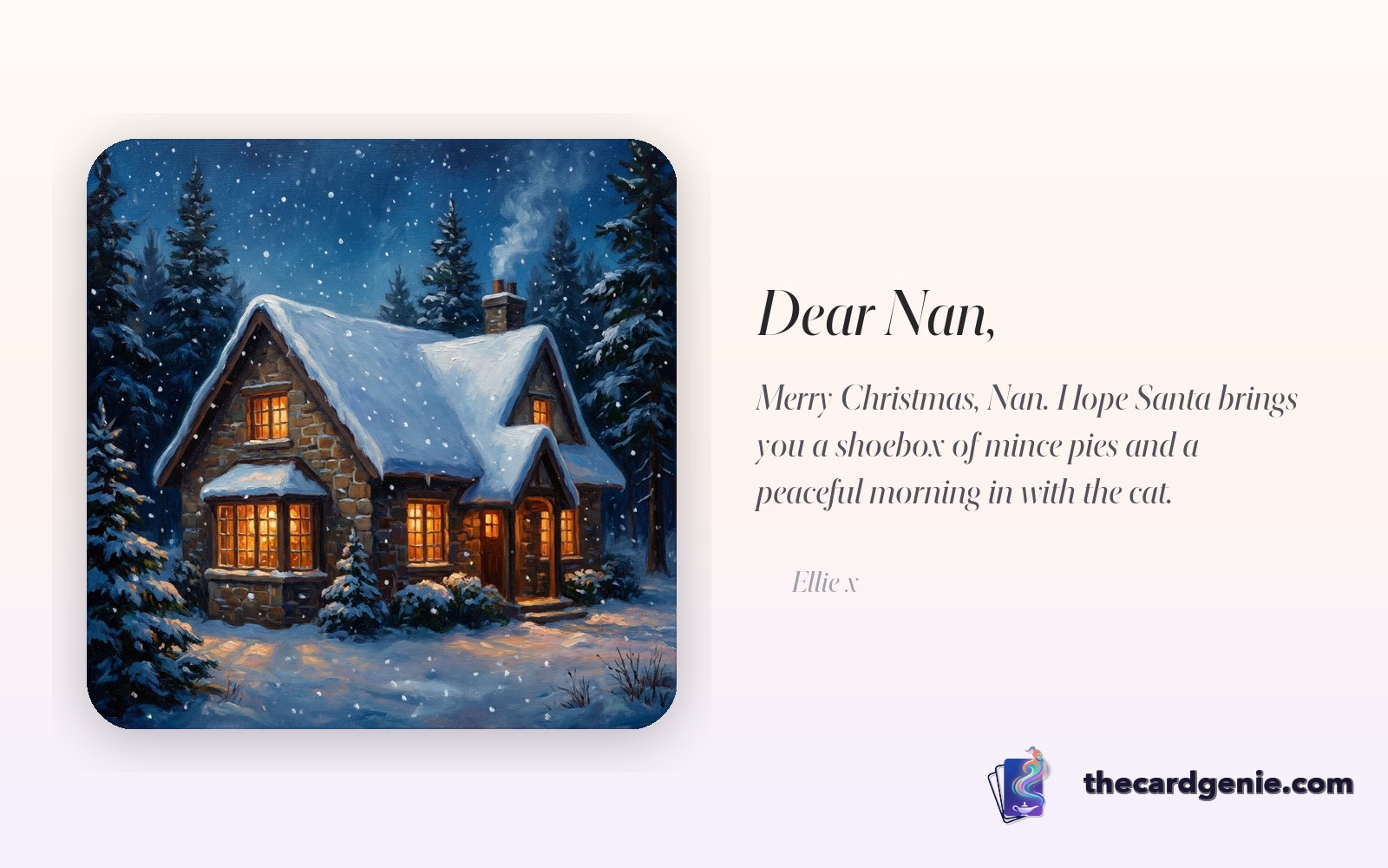 A festive AI-generated Christmas card showing a family photo reimagined as a cinematic winter scene