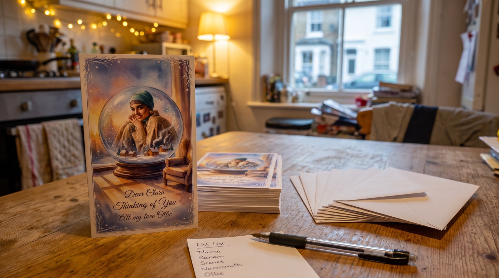 A stack of identical personalised Christmas cards on a kitchen table beside white envelopes and a handwritten list of names