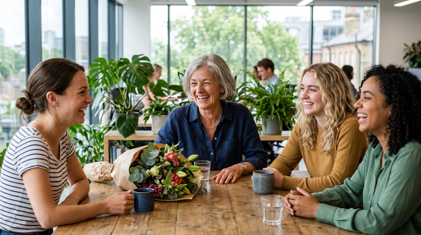 A woman laughing with younger colleagues at an office send-off