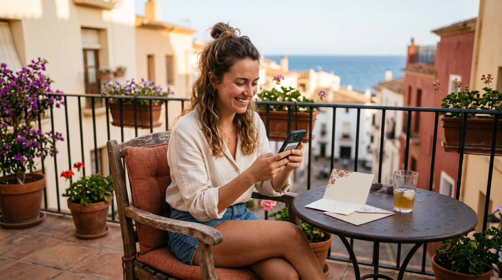 A woman on a sunlit balcony sending a birthday card from her phone