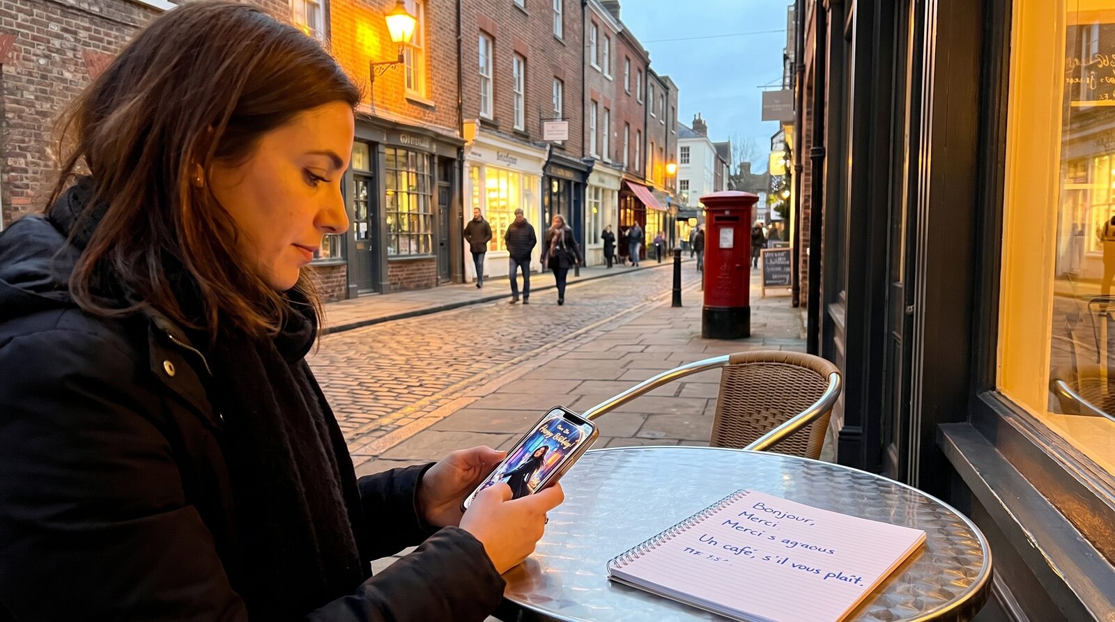 A handwritten card on a kitchen table beside a phone showing a translation