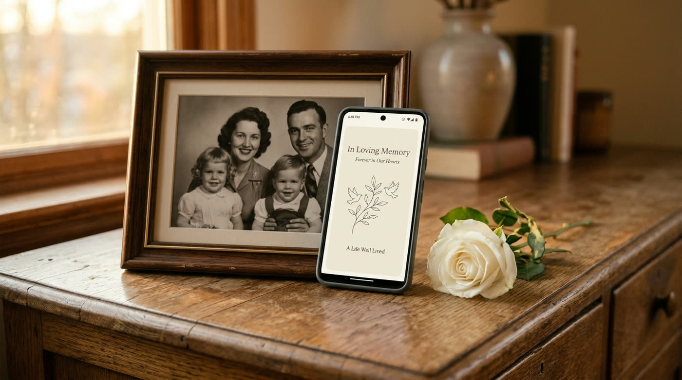 A sympathy card resting against a framed family photograph in soft light