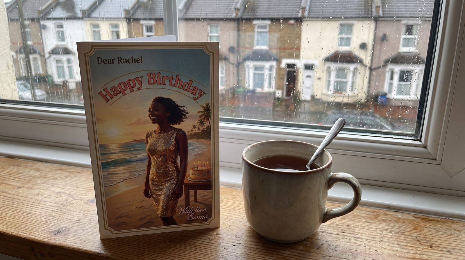 An opened card propped against a mug on a windowsill