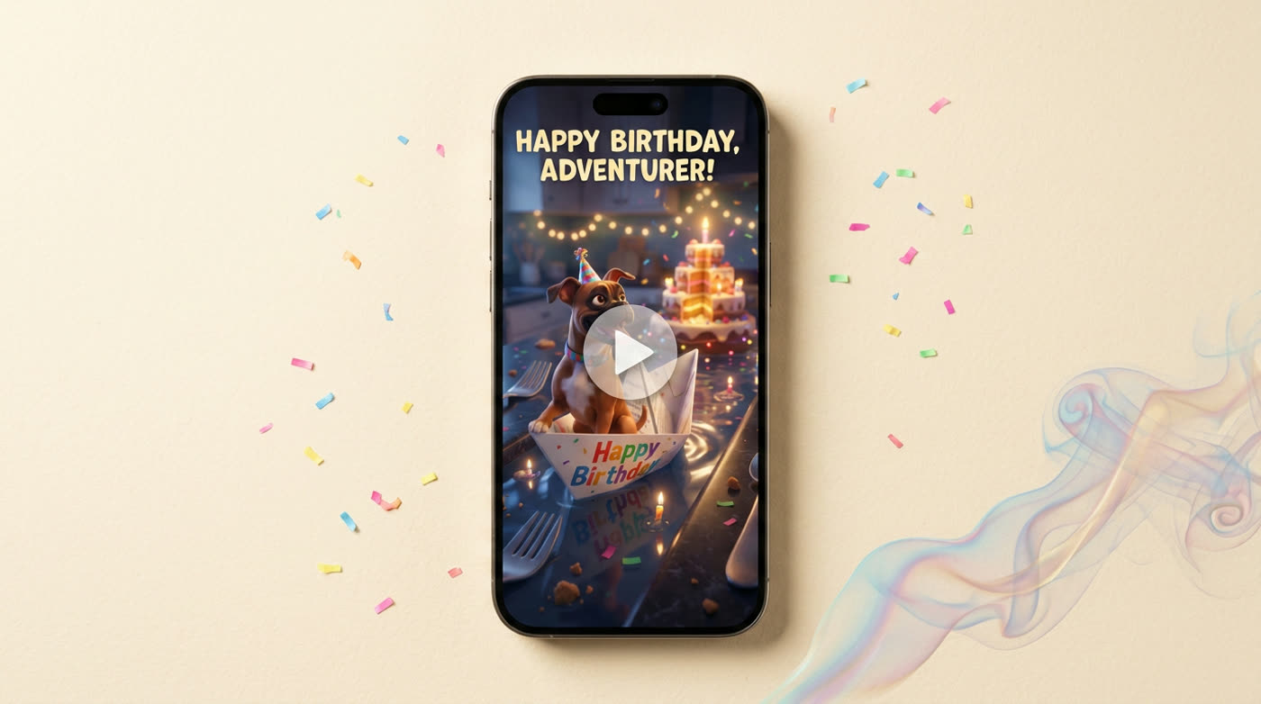 A phone playing a personalised video birthday message with confetti on screen