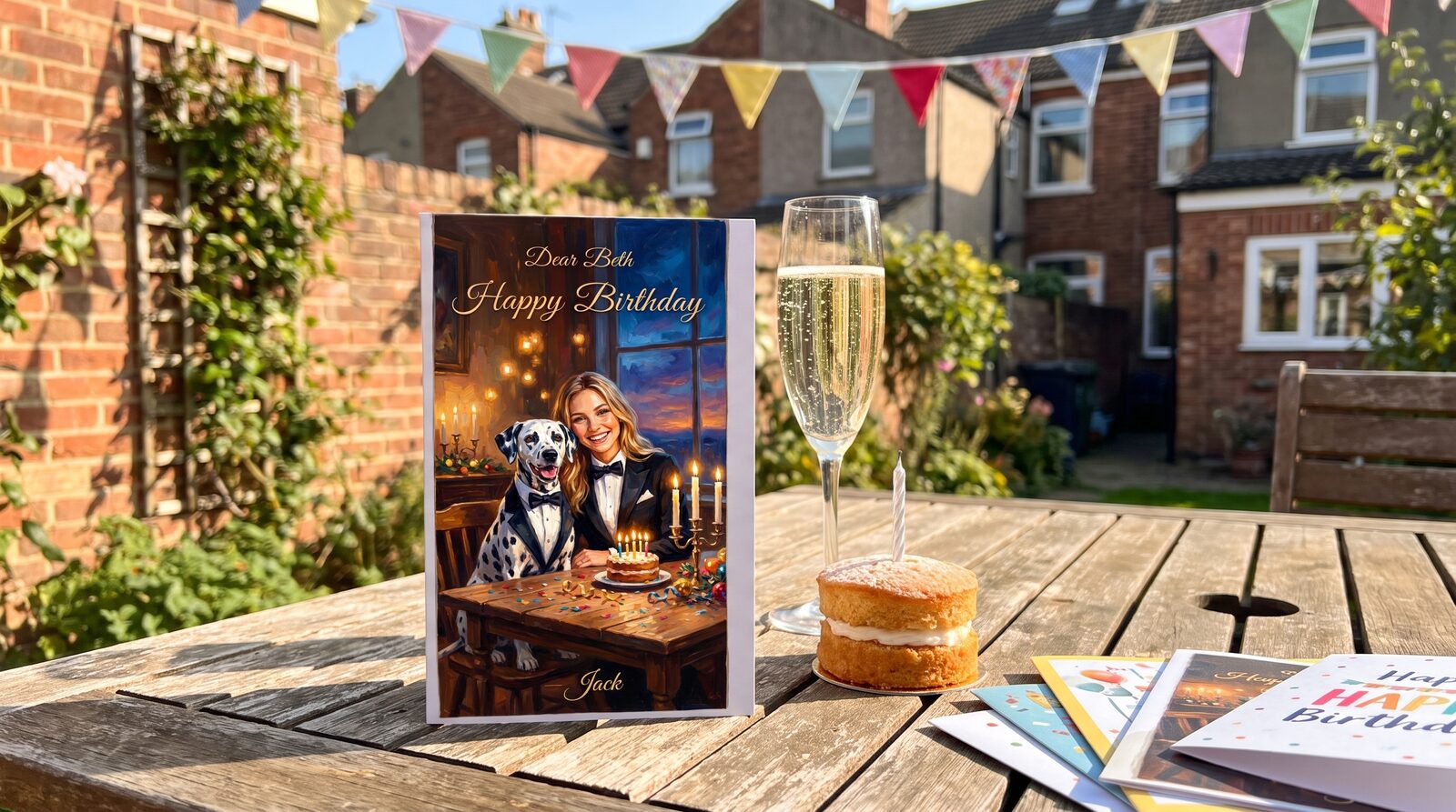 A woman opening a birthday card in a garden