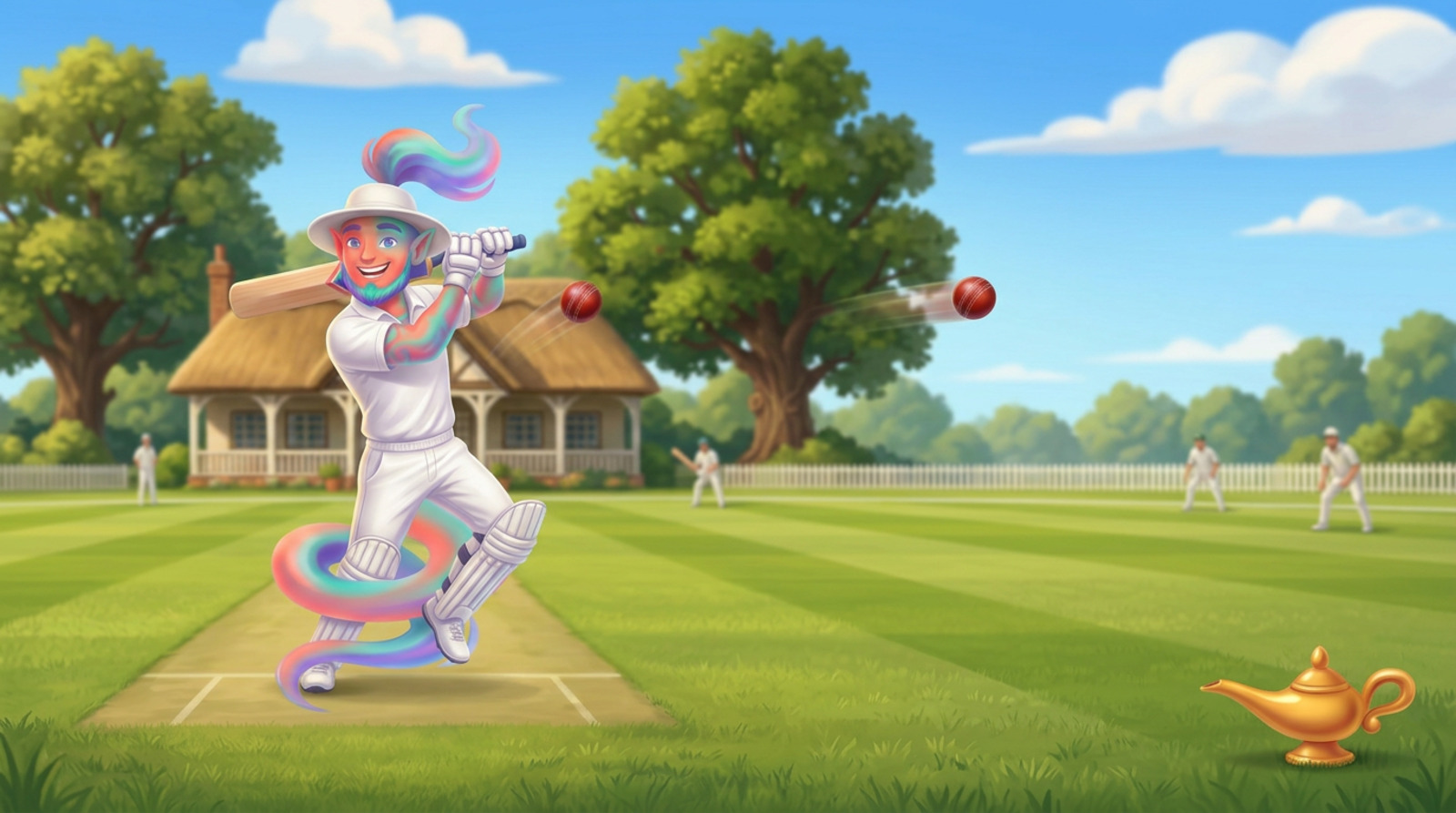 A genie in cricket whites and pads mid cover drive on a village green