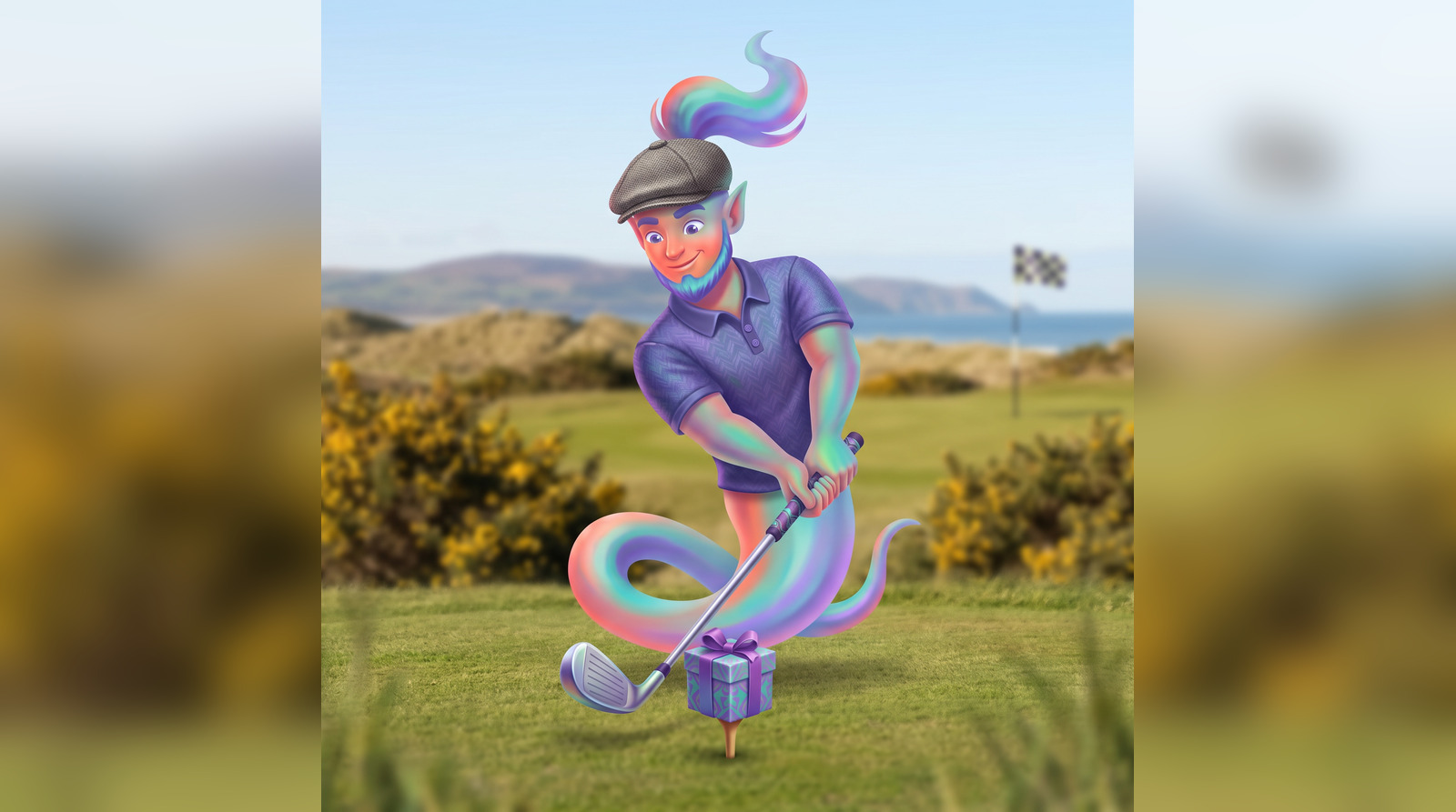 A genie in golf gear watching a drive sail off down a sunlit fairway