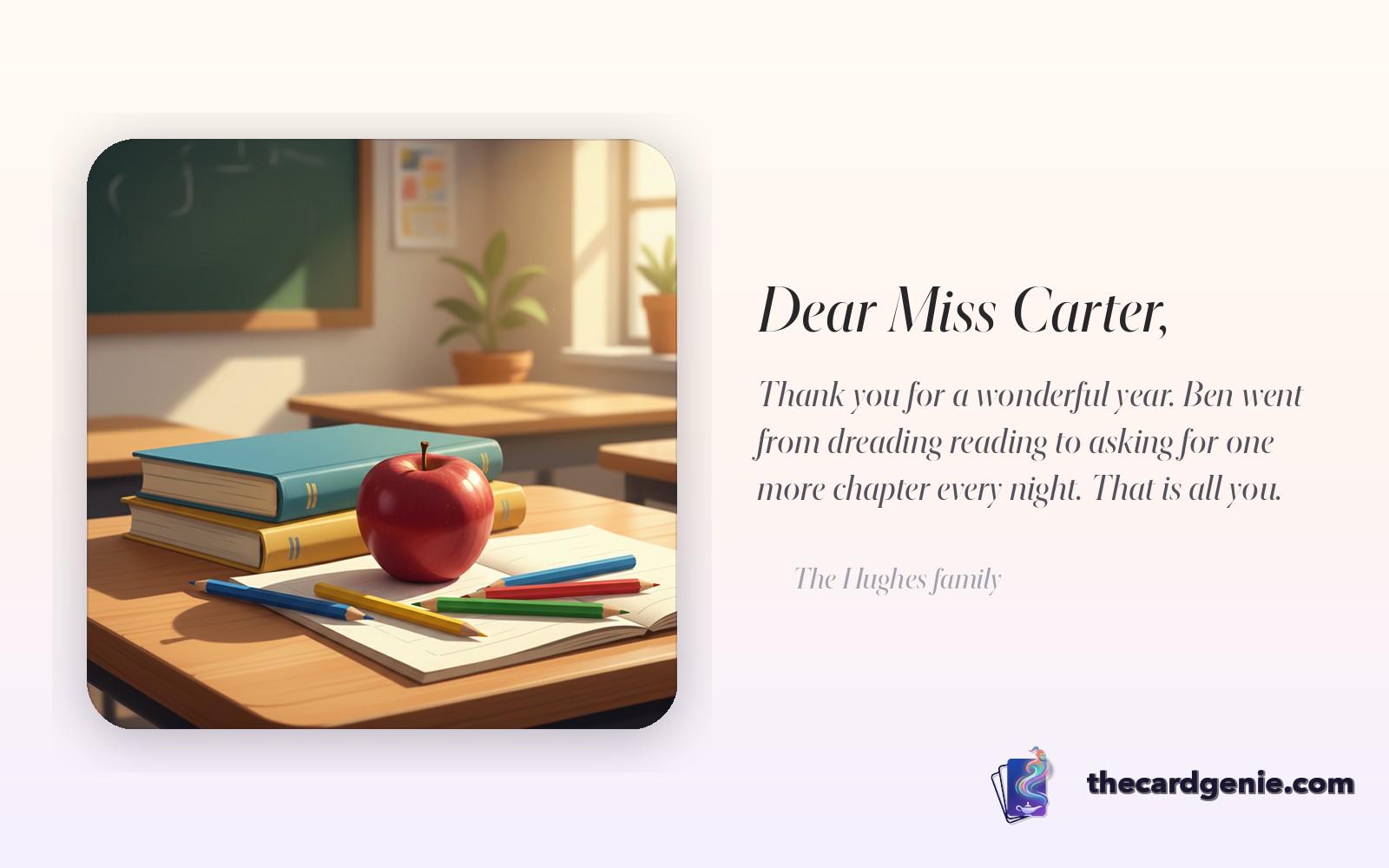 A bright thank-you card for a teacher with an apple and pencil motif on a desk