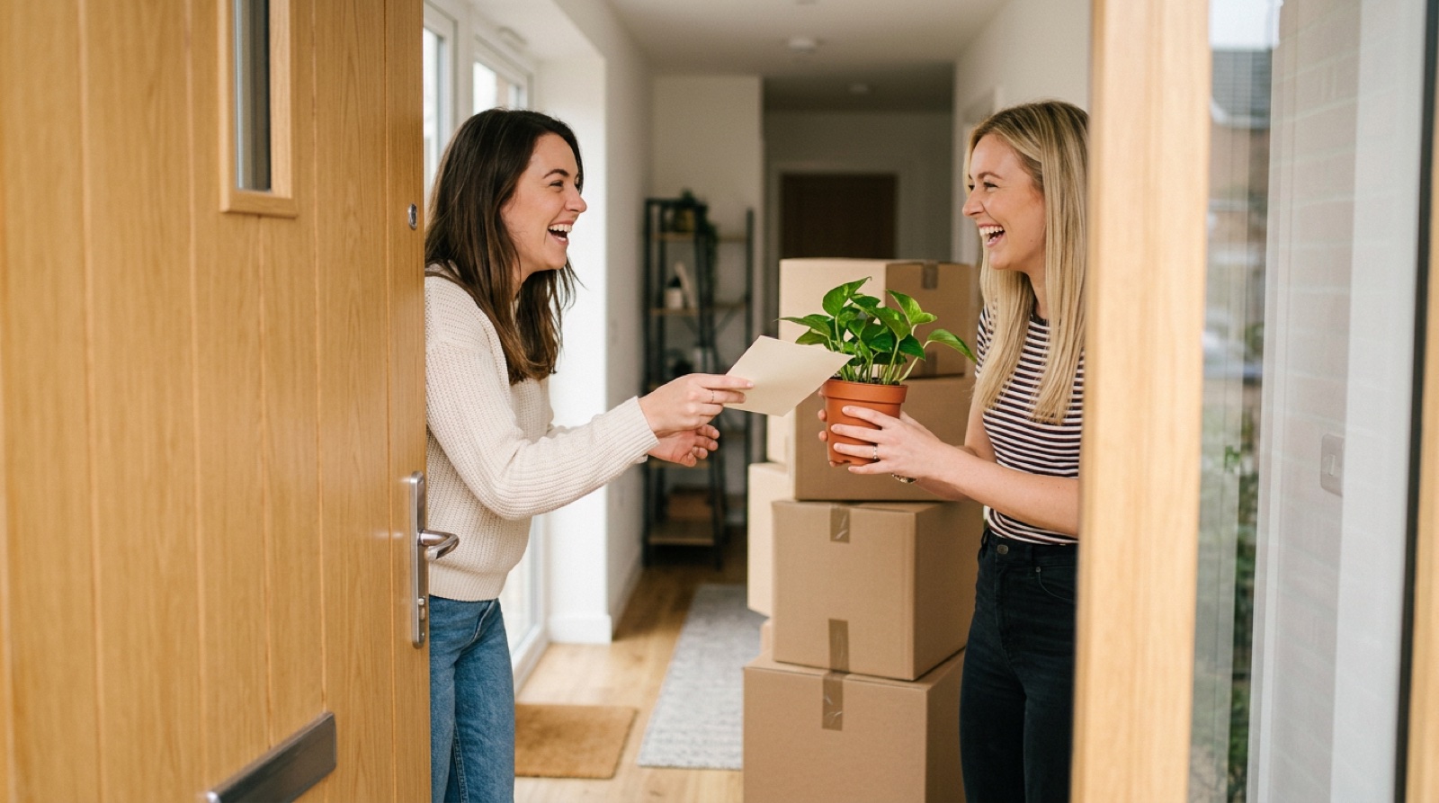 Two friends handing over a card and a plant at a new flat door