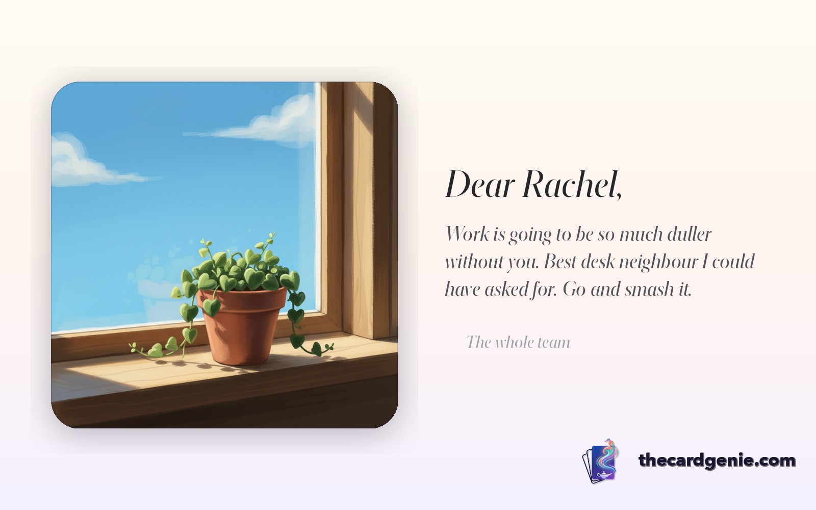 A friendly leaving card being passed around a bright office desk