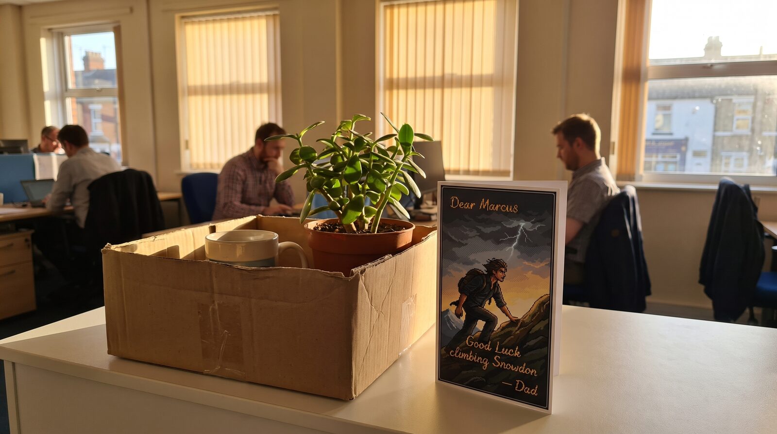 A card and a desk plant in a cardboard box on an office desk