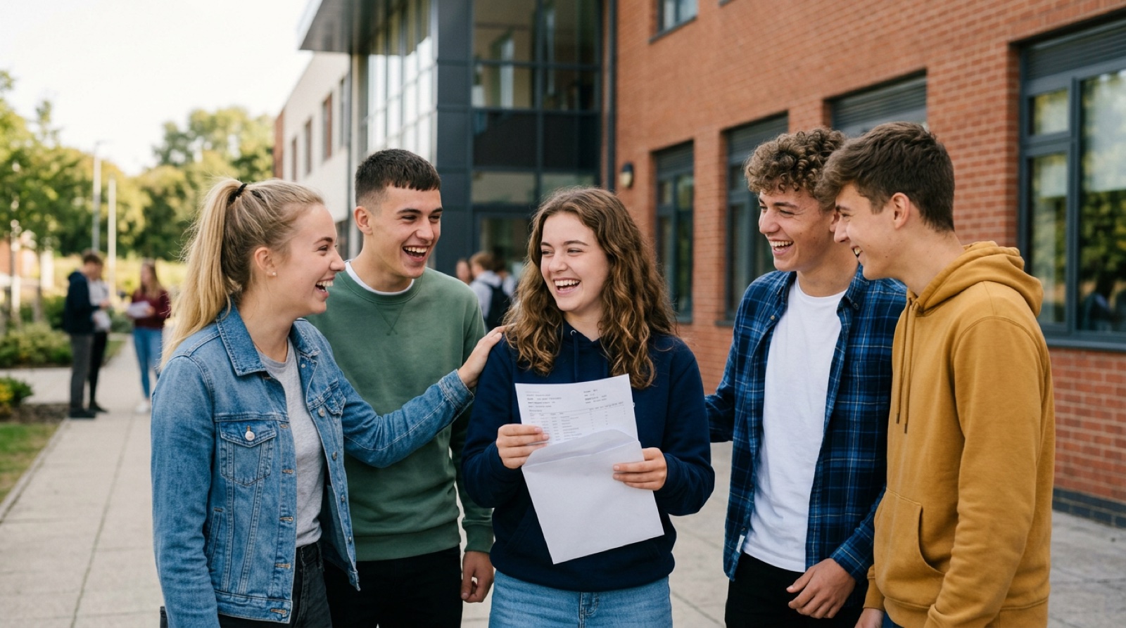A student opening A-level results outside a sixth form on a bright morning
