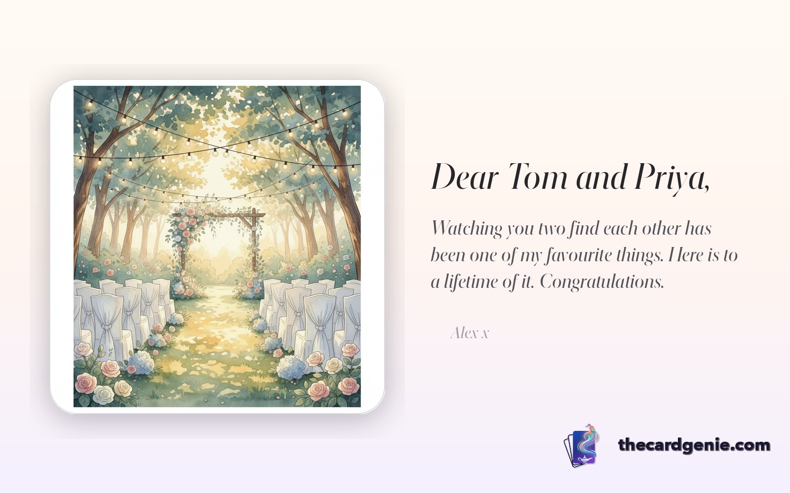 An elegant personalised wedding card in a sunlit summer garden setting
