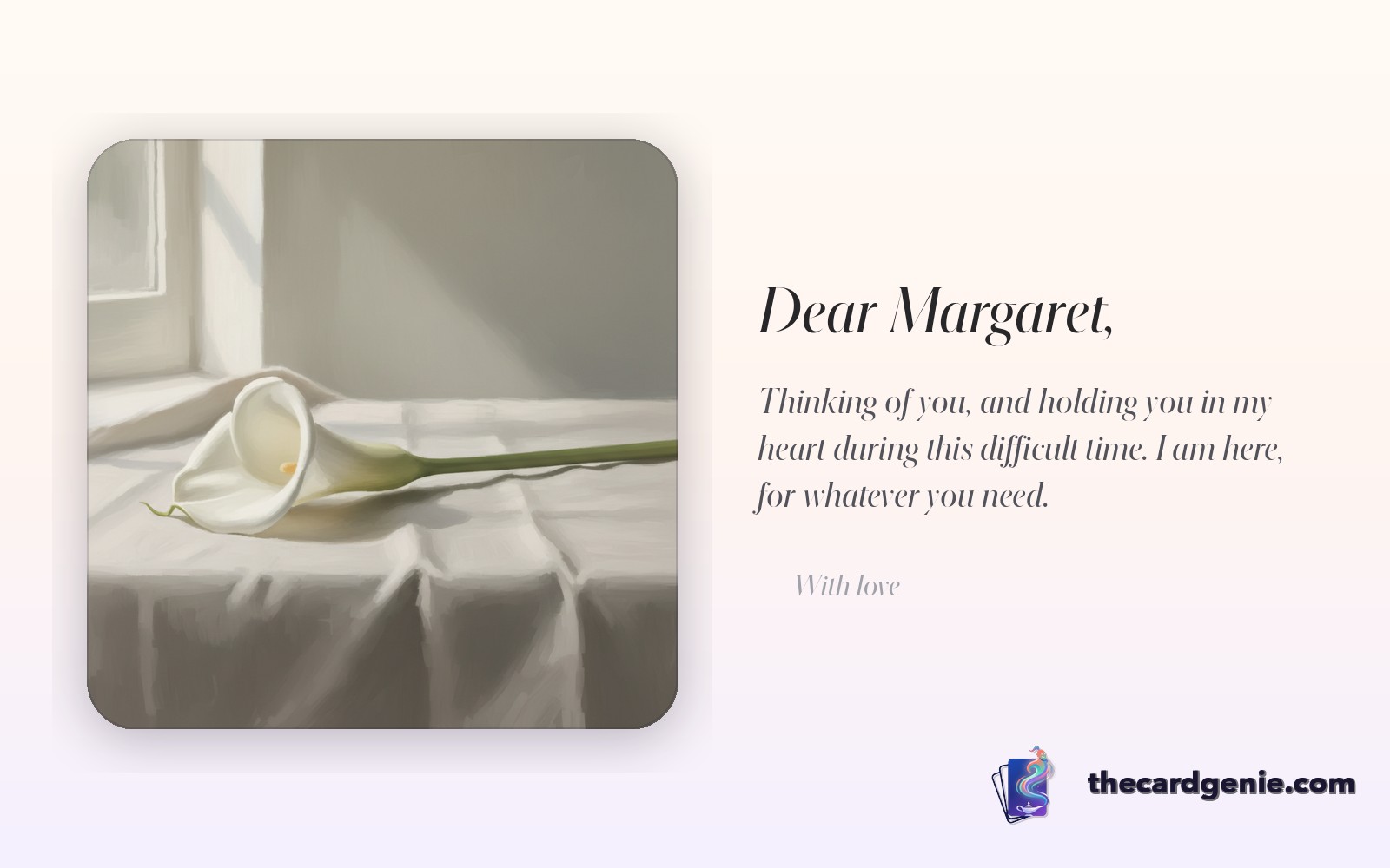 A quiet, dignified sympathy card with a single white lily on a soft background