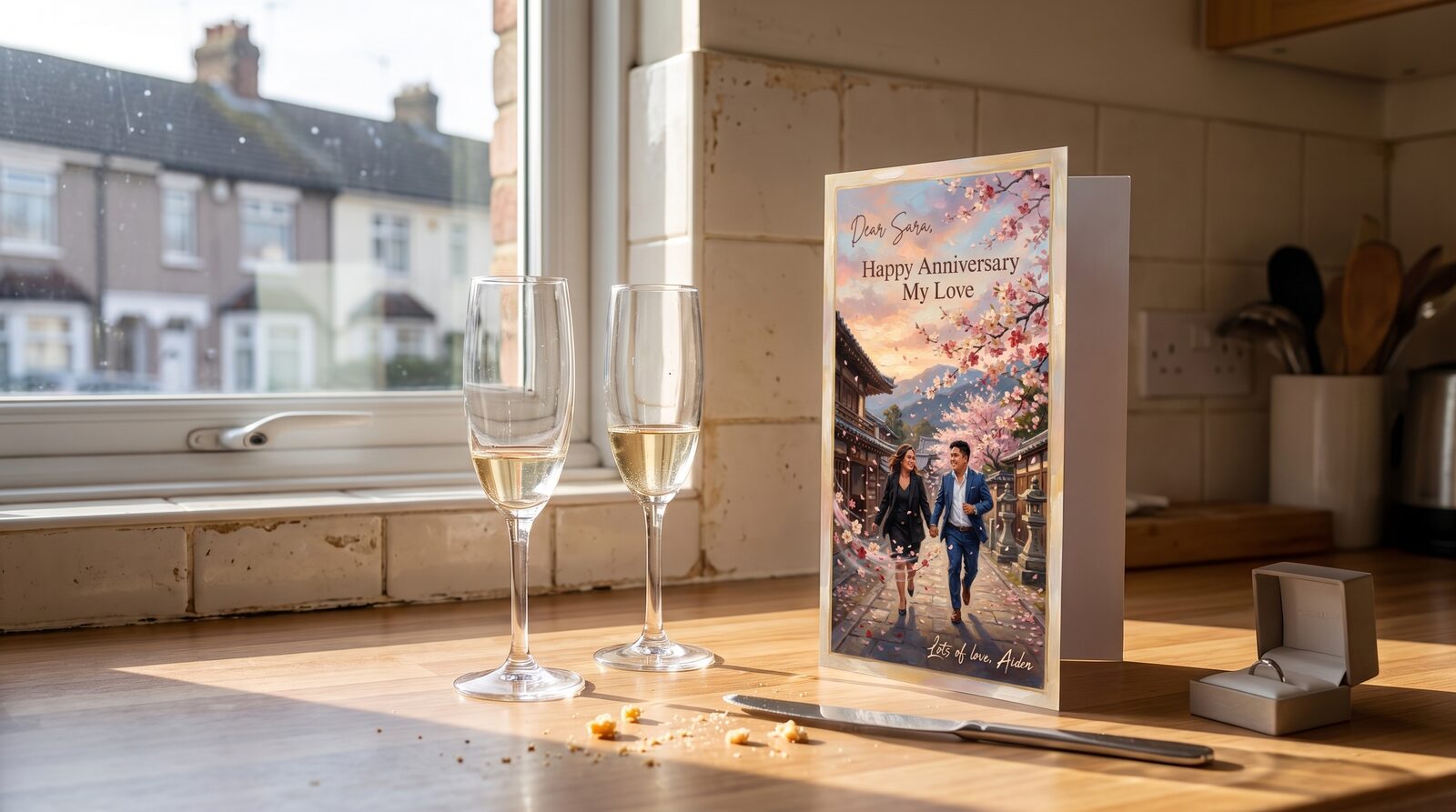An engagement card propped beside two glasses on a kitchen worktop
